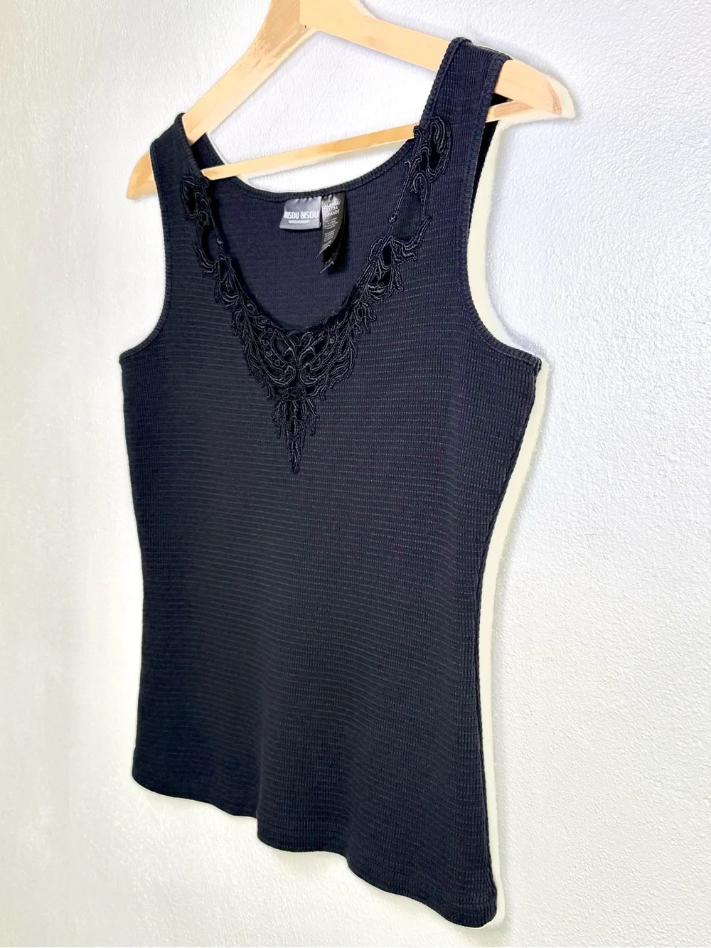 Bisou Bisou Women's Vintage Y2K Black Ribbed Knit Fitted Boho Tank Top Size XL - Picture 3 of 16